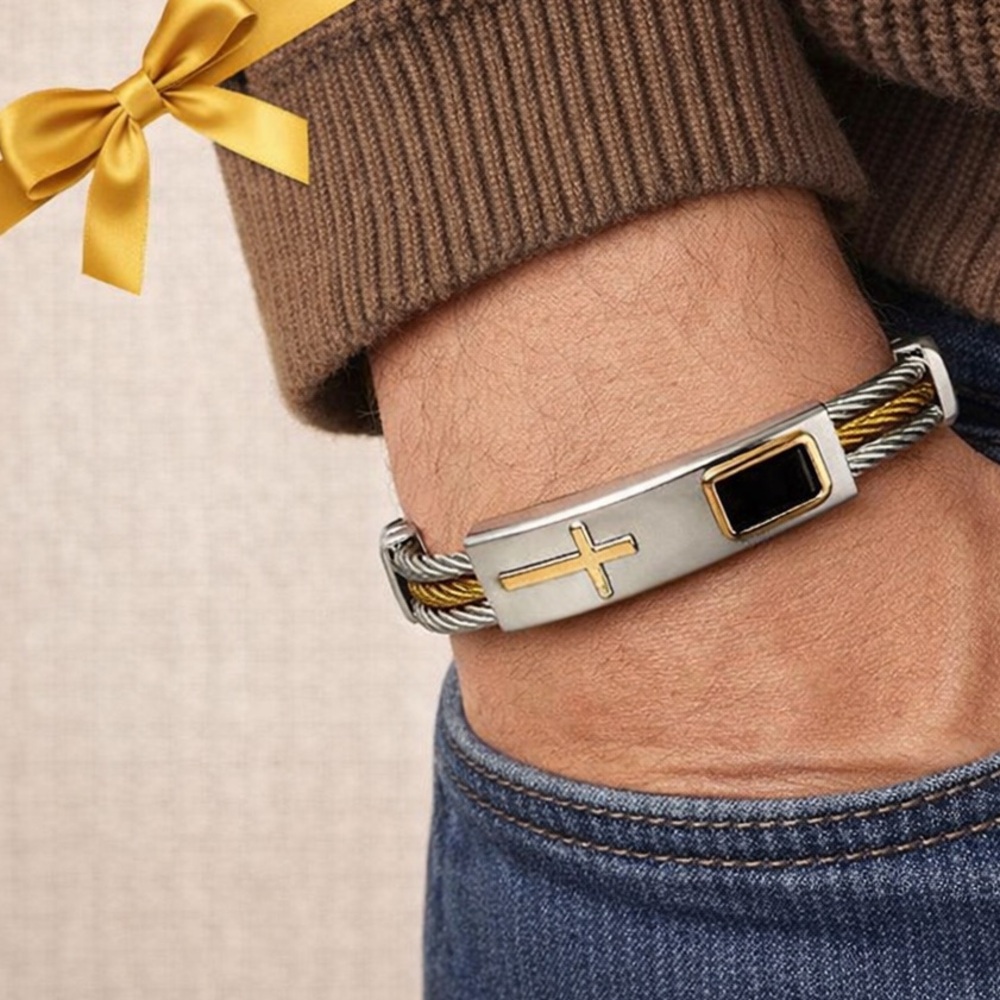 Stainless Steel Two-Tone Cable Cross Bracelet
